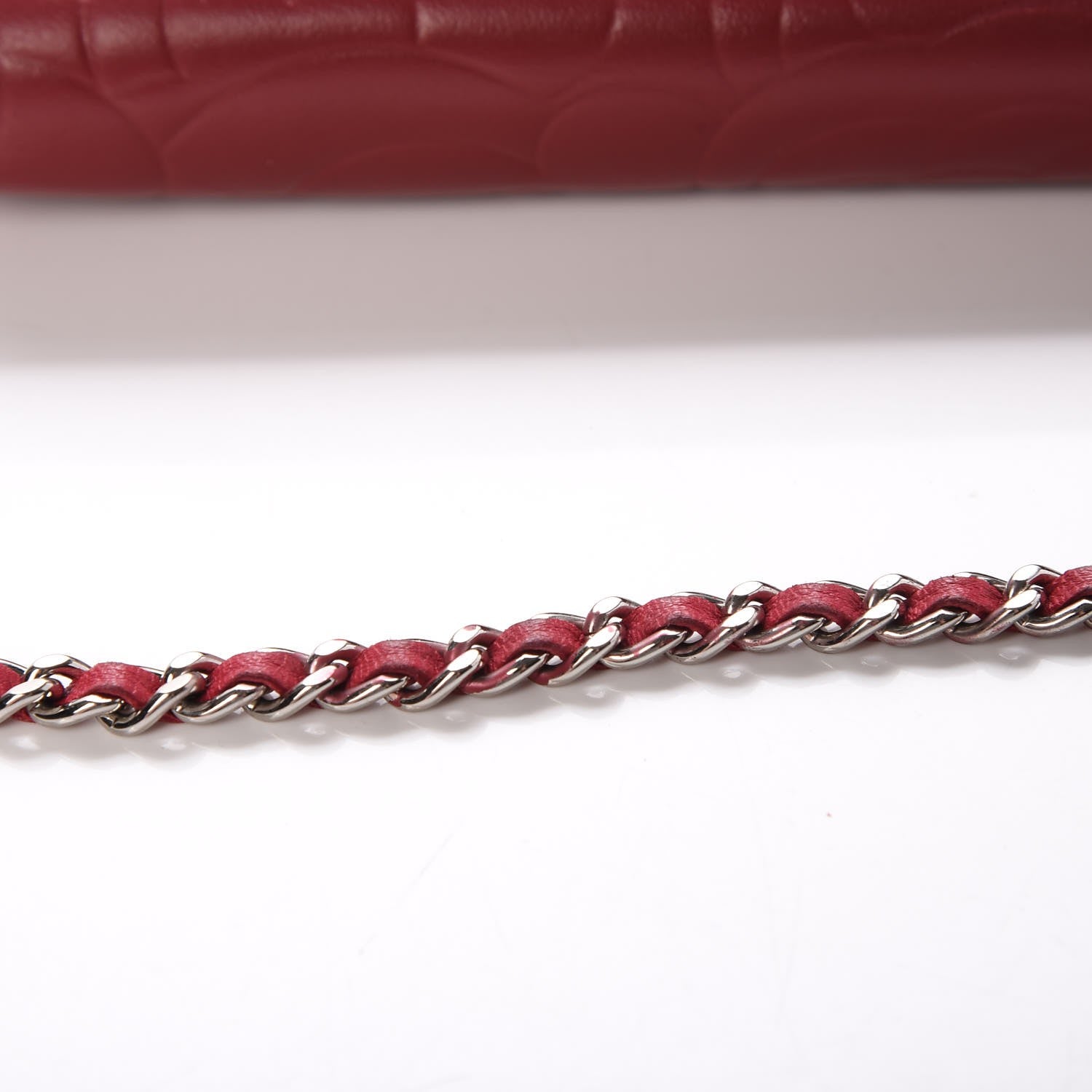 Chanel Lambskin Camellia Embossed Wallet On Chain WOC Red 9 of 14