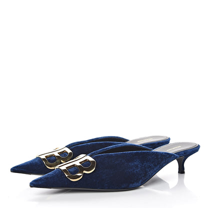 Balenciaga Stretch Velvet Pointed Toe BB 40mm Mules 39.5 Bleu Ocean 3 of 10
