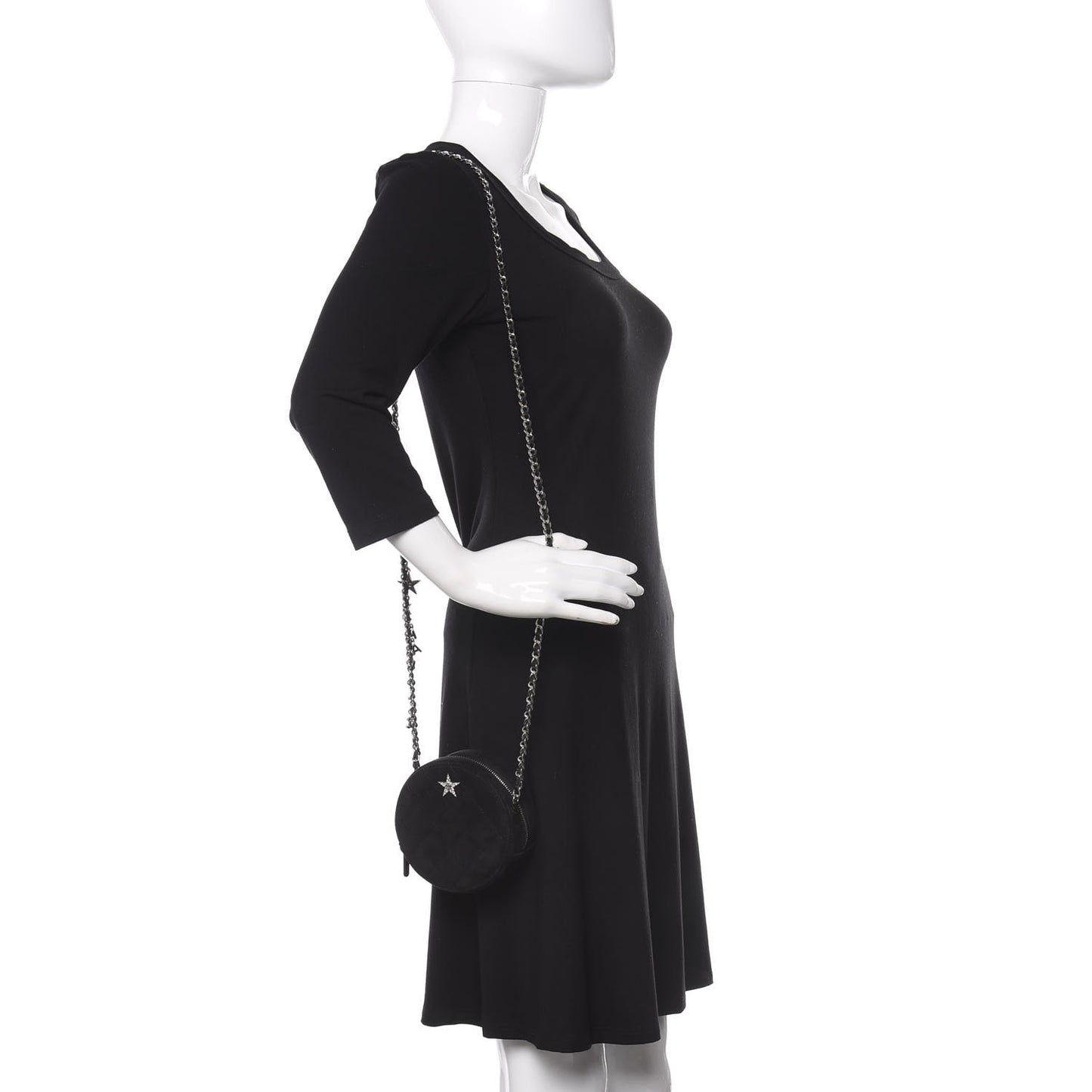 Suede Quilted Crystal Round Clutch With Logo Chain Black