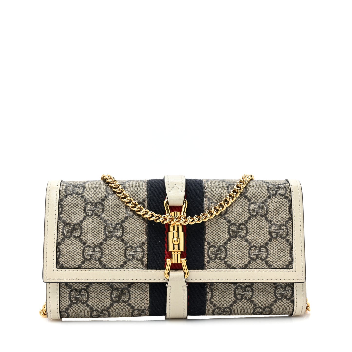 GG Supreme Monogram Textured Calfskin Web Jackie 1961 Chain Wallet Beige Ebony Mystic White