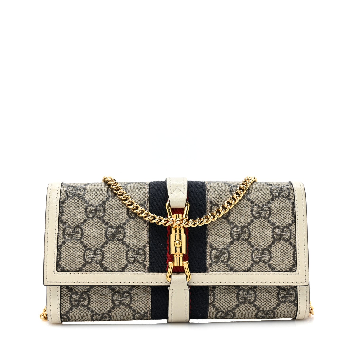 Gucci GG Supreme Monogram Textured Calfskin Web Jackie 1961 Chain Wallet Beige Ebony Mystic White 1 of 14