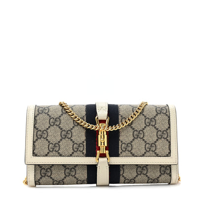 Gucci GG Supreme Monogram Textured Calfskin Web Jackie 1961 Chain Wallet Beige Ebony Mystic White 1 of 14