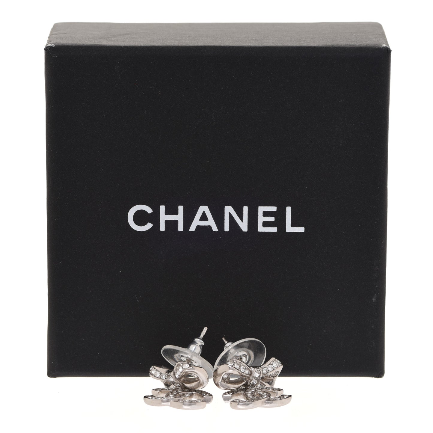 Crystal CC Bow Dangle Earrings Silver