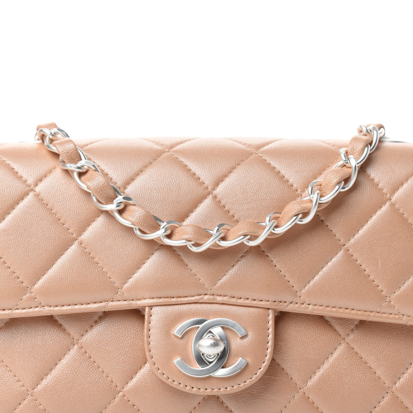 Metallic Lambskin Quilted Mini Flap Beige