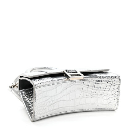 Balenciaga Metallic Calfskin Crocodile Embossed Hourglass Top Handle Bag XS Silver 4 of 8