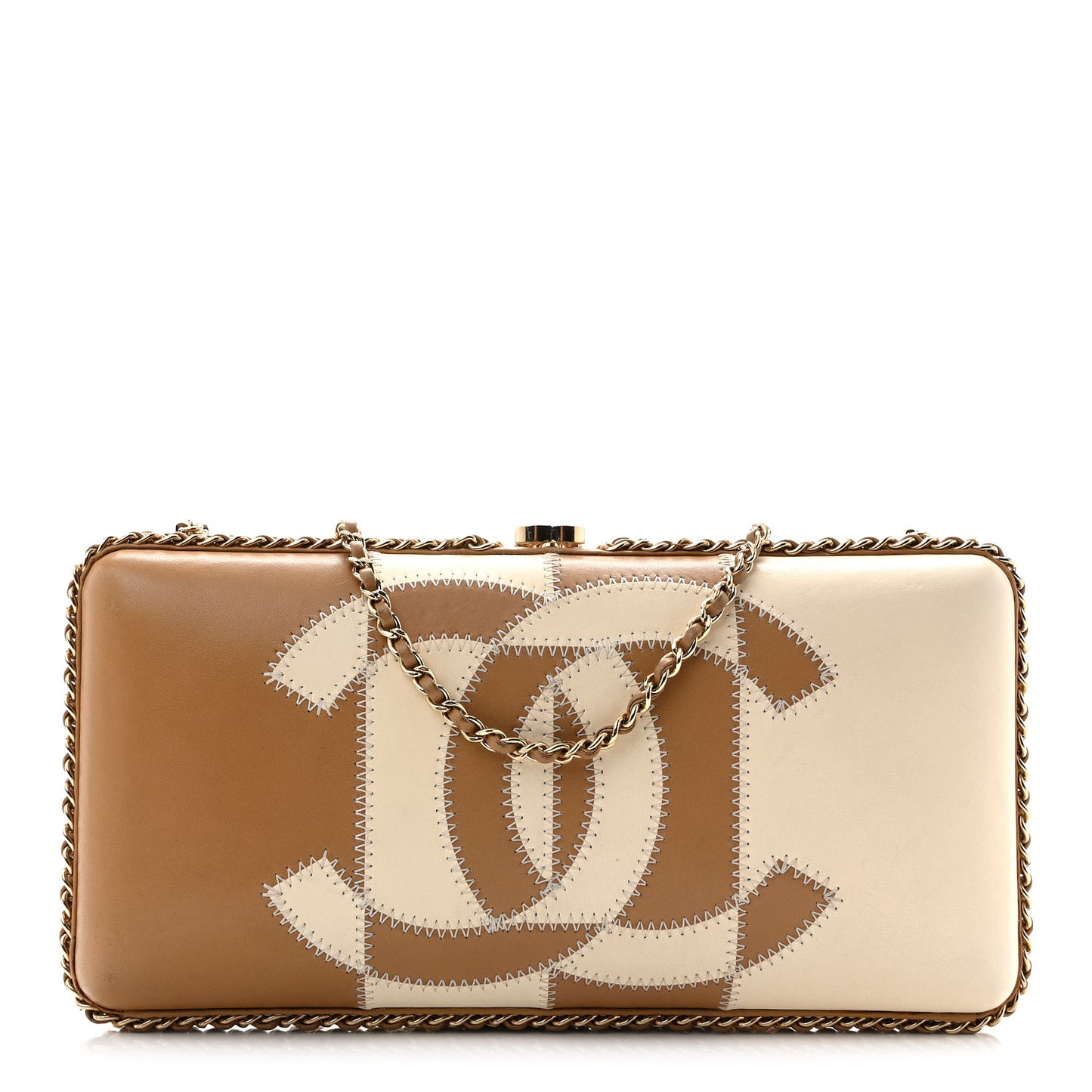 Lambskin CC Stitch Chain Around Clutch  Beige White