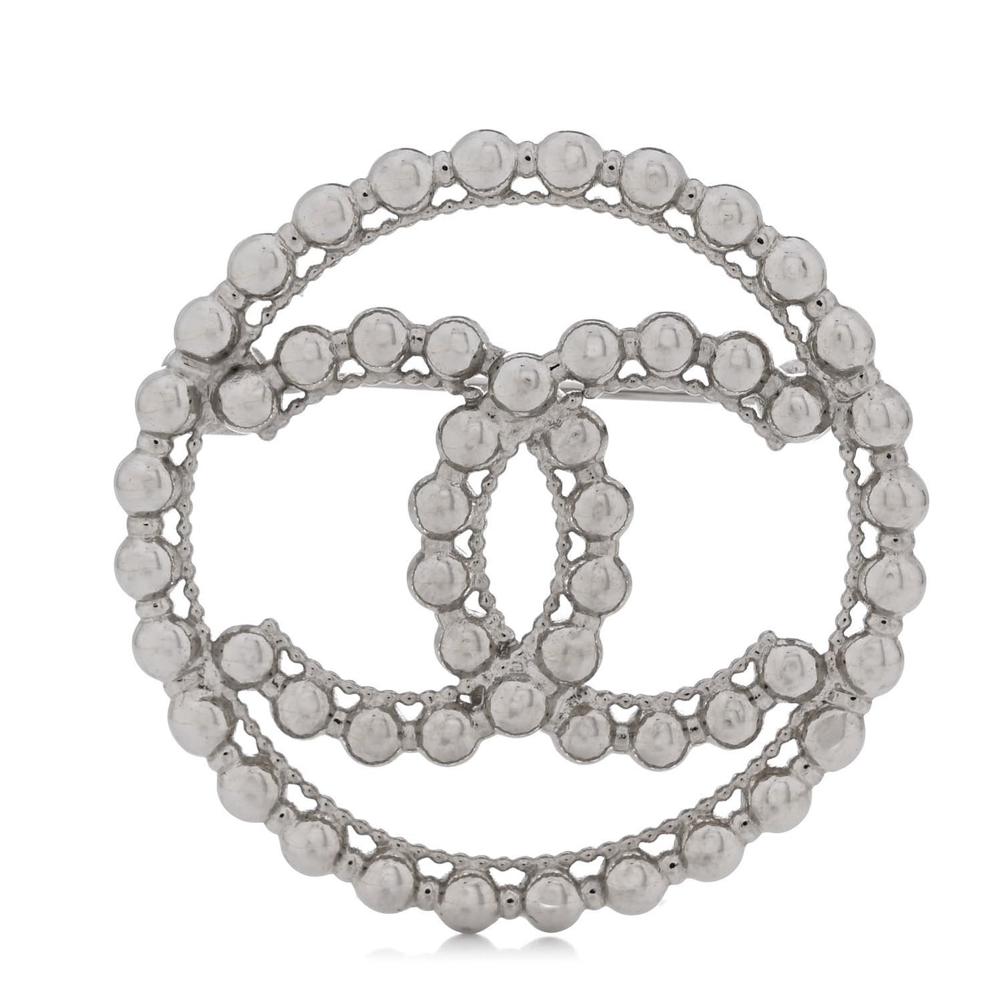 Metal Bead CC Round Brooch Silver