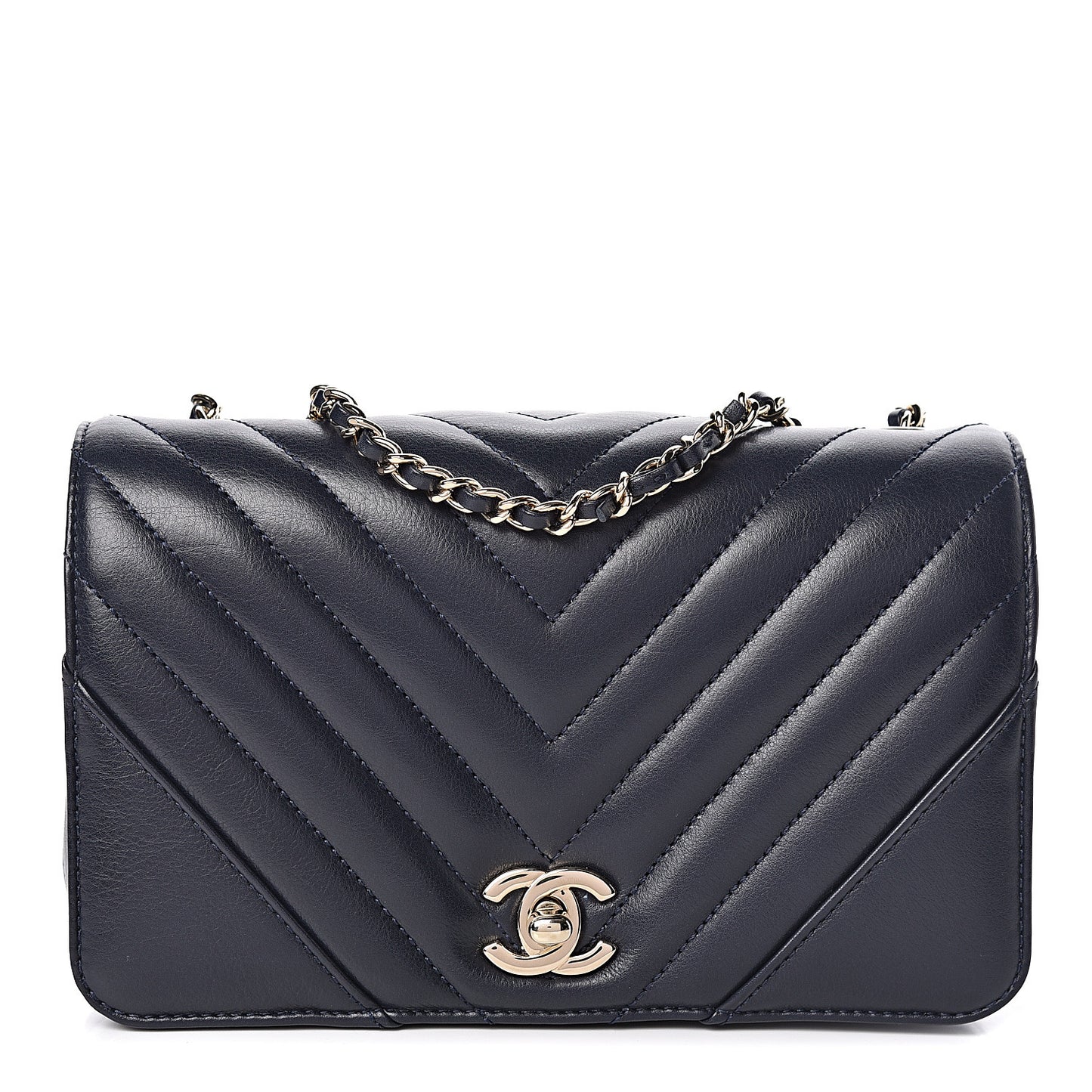 Calfskin Chevron Quilted Mini Statement Flap Navy Blue