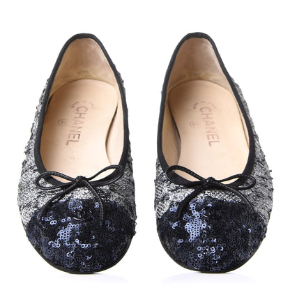 Chanel Tweed Sequin Cap Toe Ballerina Flats 38.5 Black Blue 5 of 9