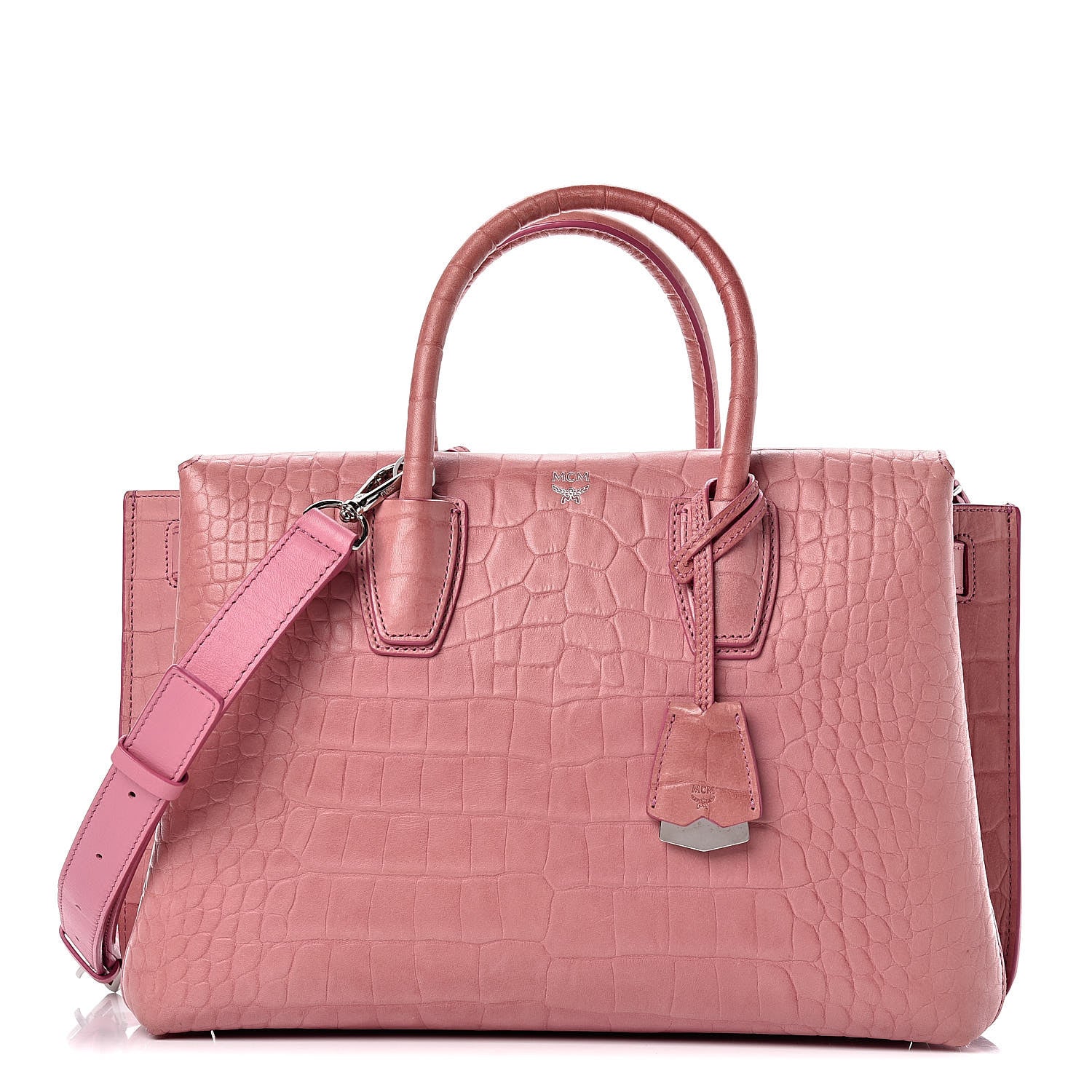 MCM Calfskin Crocodile Embossed Medium Milla Tote Pink 1 of 10