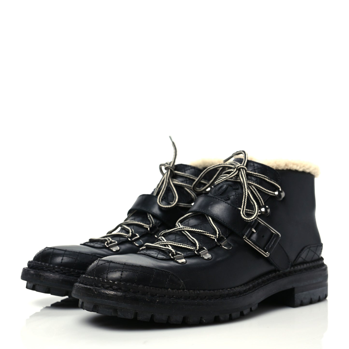 Shearling Calfskin Lace Up Short Boots 39.5 Black