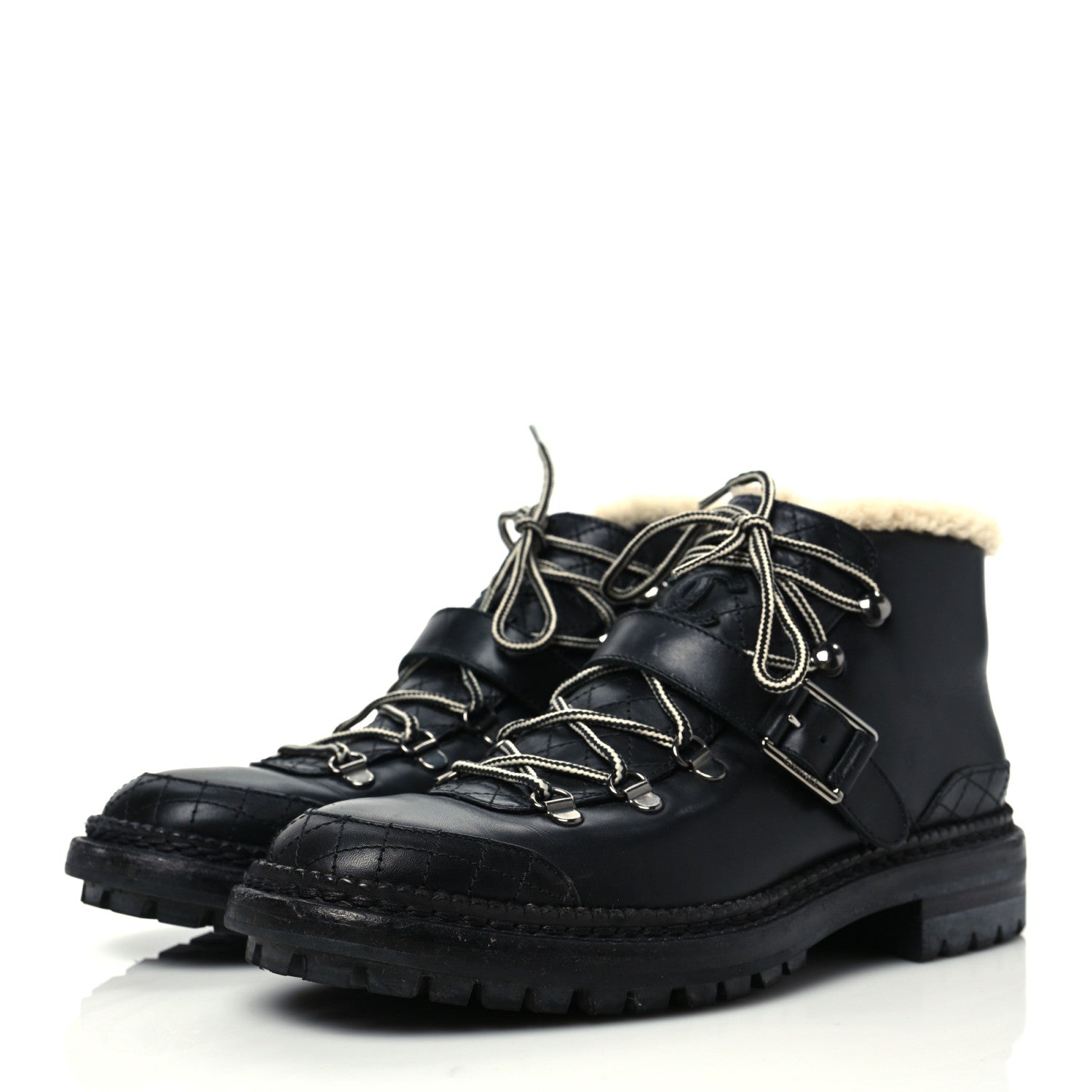 Chanel Shearling Calfskin Lace Up Short Boots 39.5 Black 3 of 6