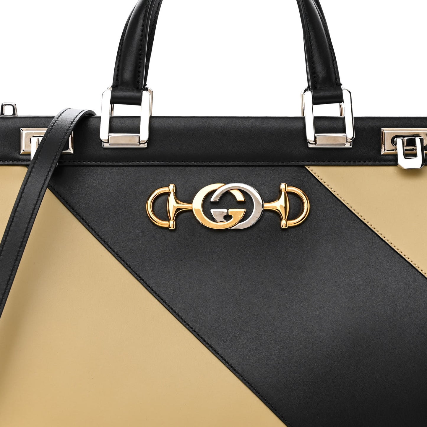 Smooth Calfskin Diagonal Striped Medium Zumi Top Handle Bag Black Beige