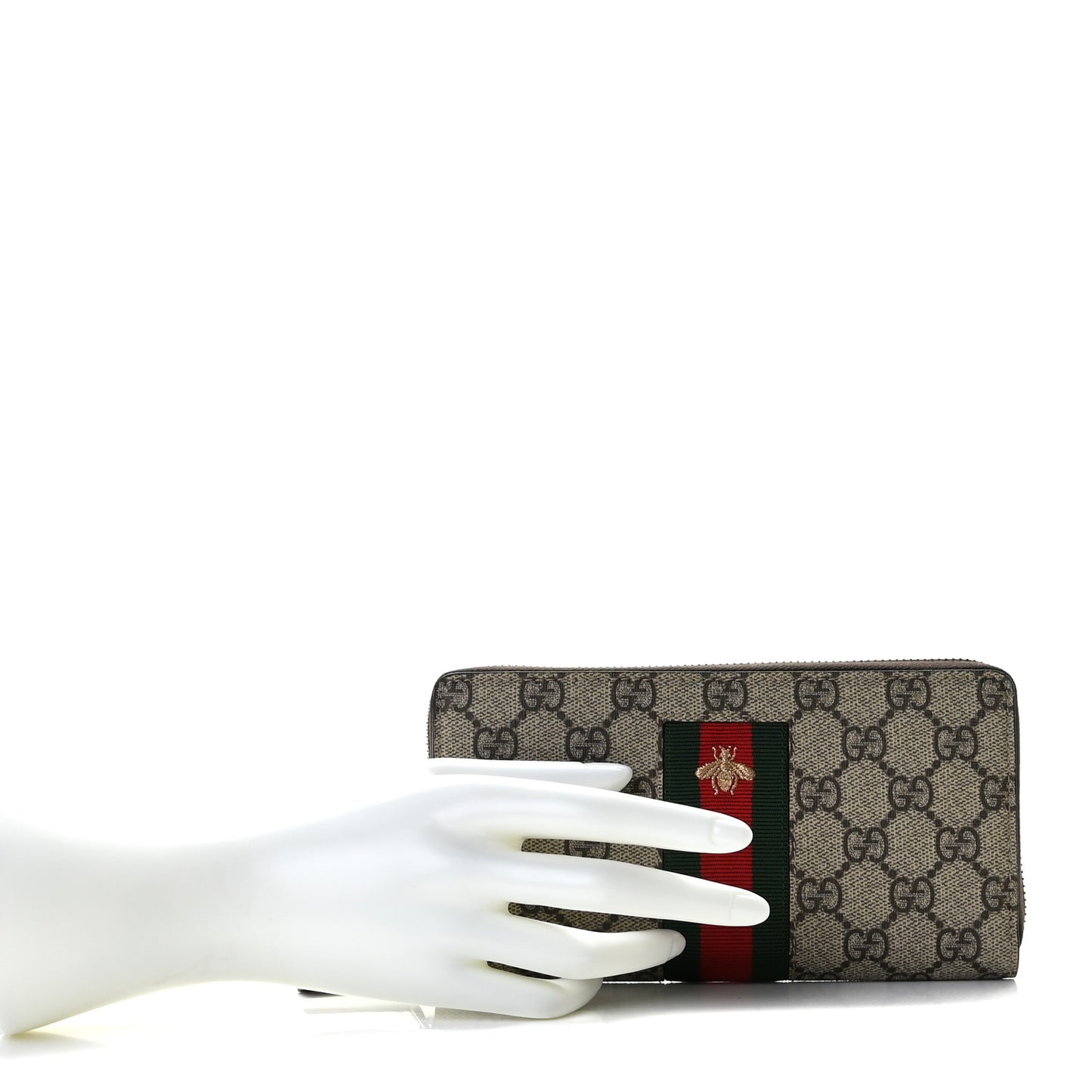 GG Supreme Monogram Web Bee Zip Around Wallet Beige Cocoa
