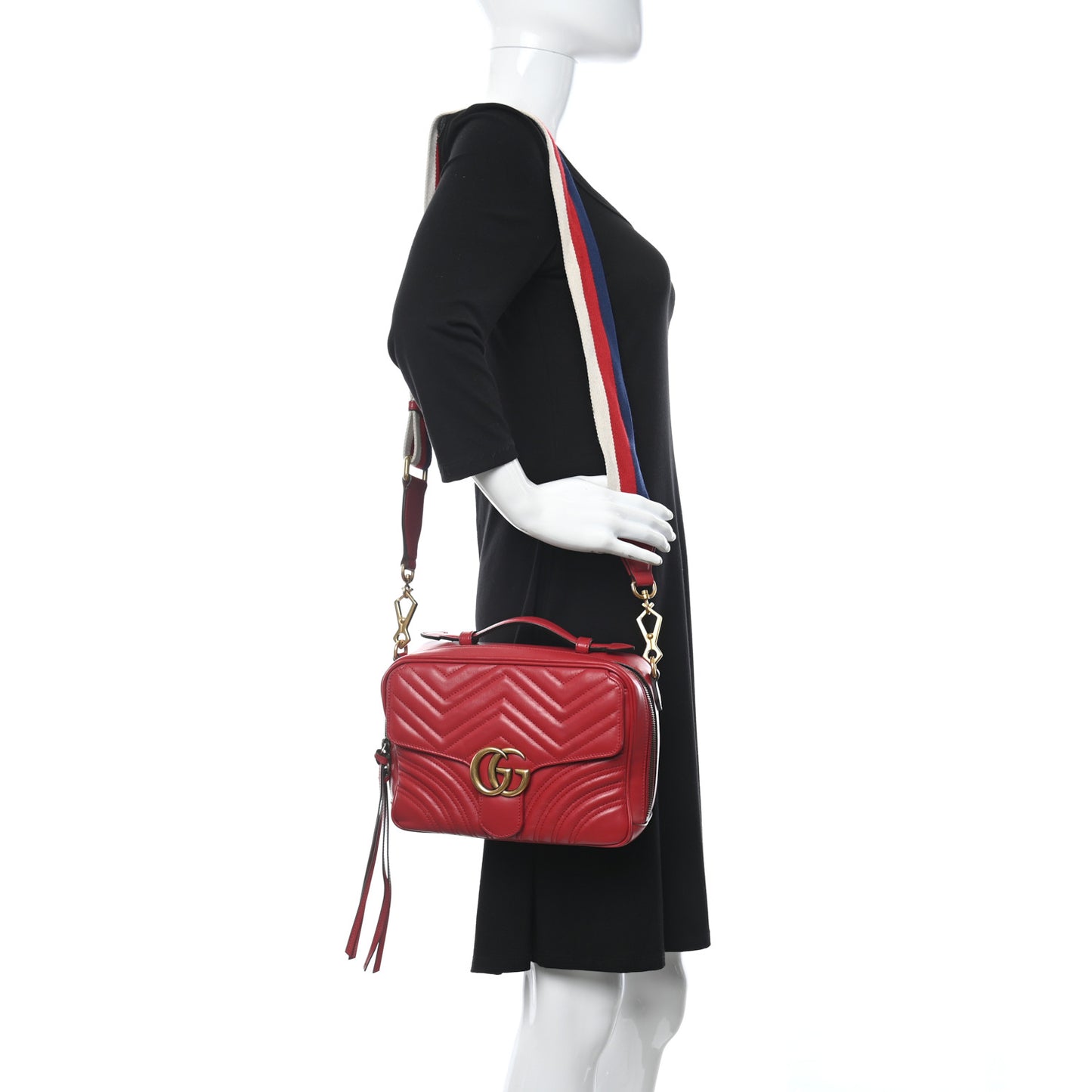 Calfskin Matelasse Sylvie Web Small GG Marmont Top Handle Shoulder Bag Hibiscus Red
