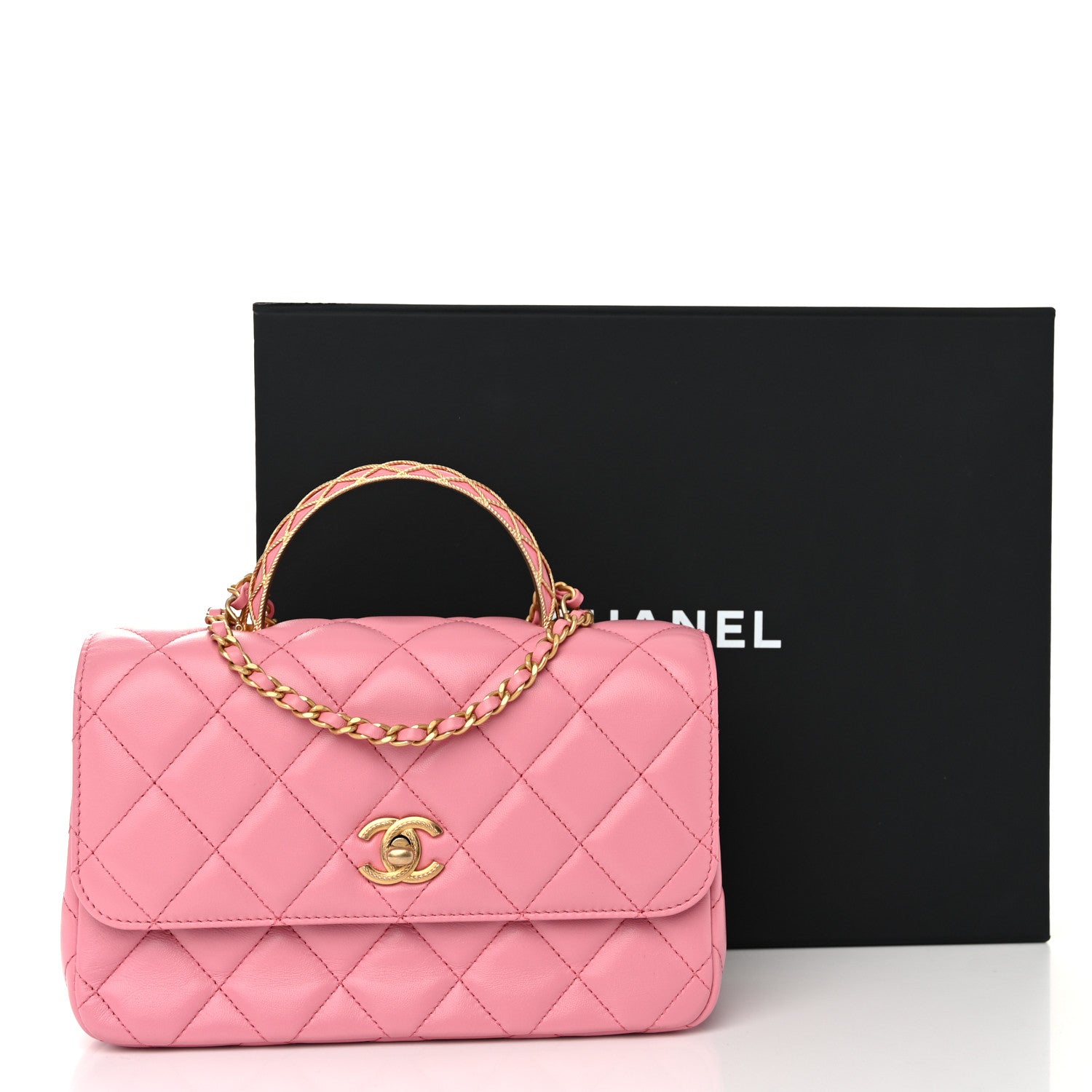Chanel Lambskin Metal Quilted Twist Top Handle Flap With Chain Light Pink 11 of 11