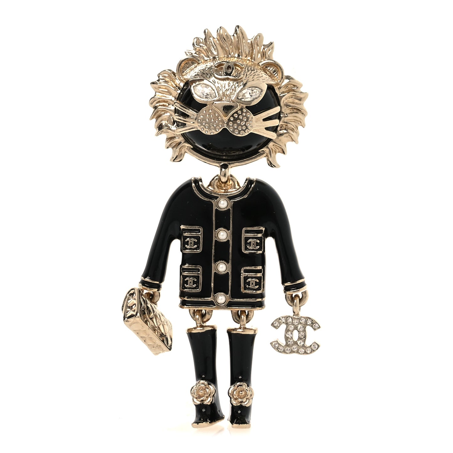 Enamel Crystal Pearl CC Lion Brooch Black White