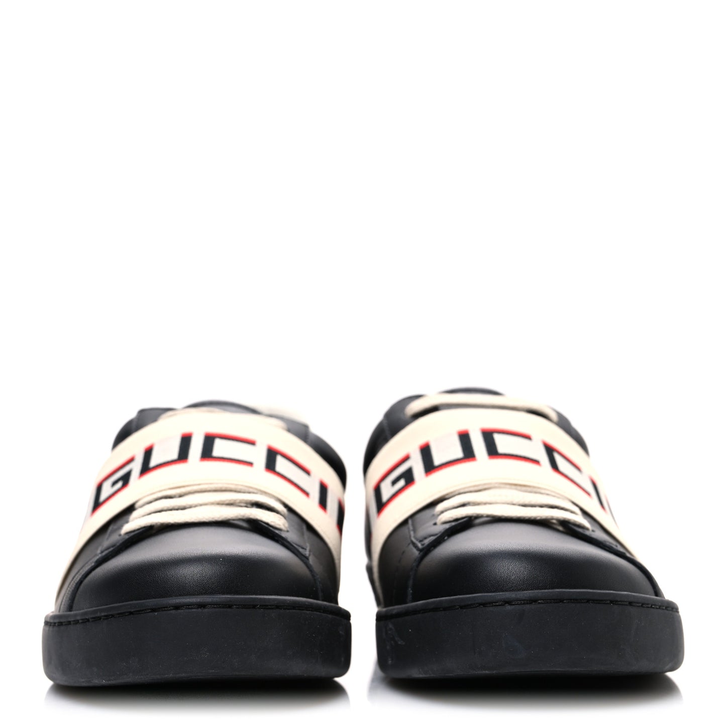 Calfskin Stripe Mens New Ace Sneakers 8.5 Black Ecru Red Flame