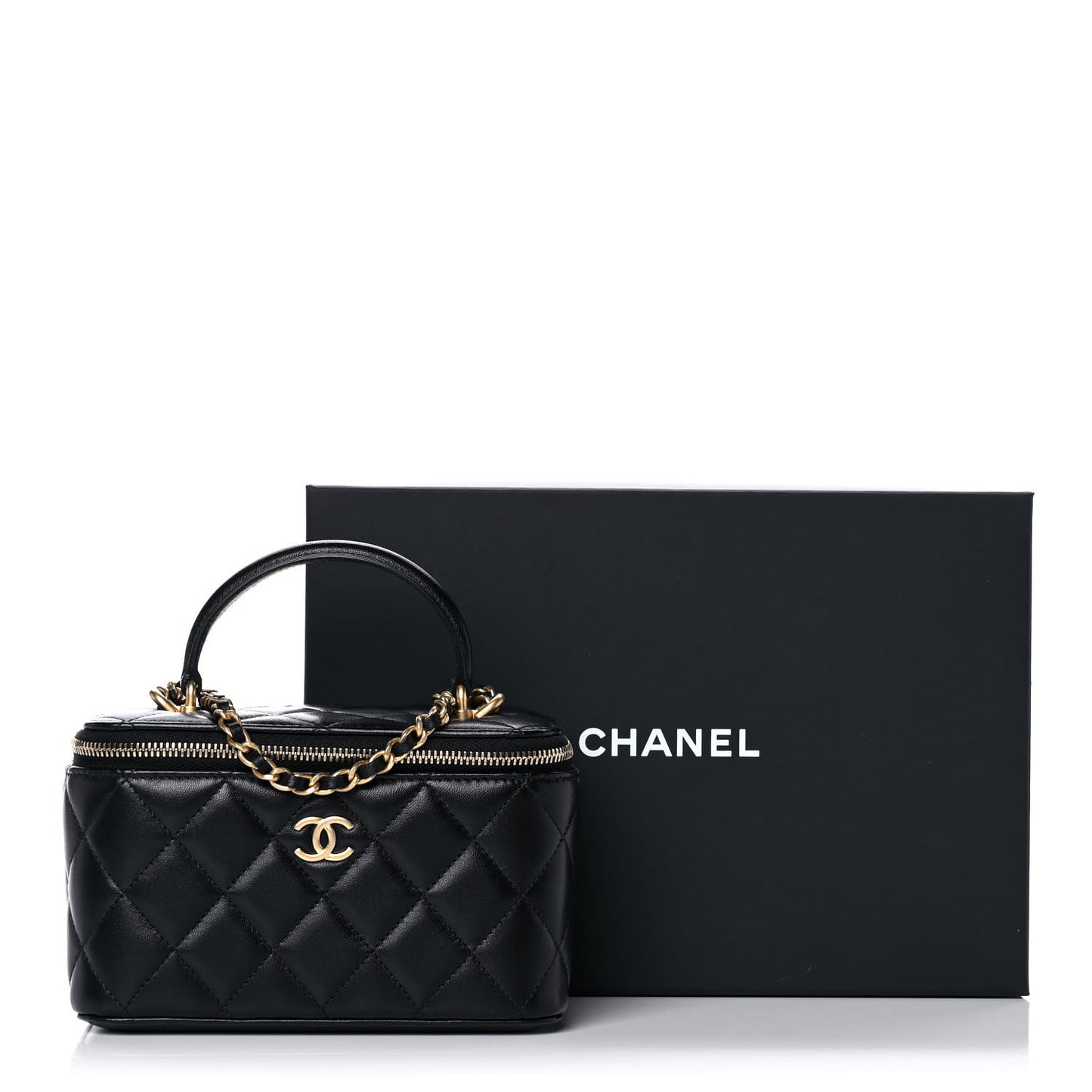 Lambskin Quilted Small Top Handle Vanity Case With Chain Black
