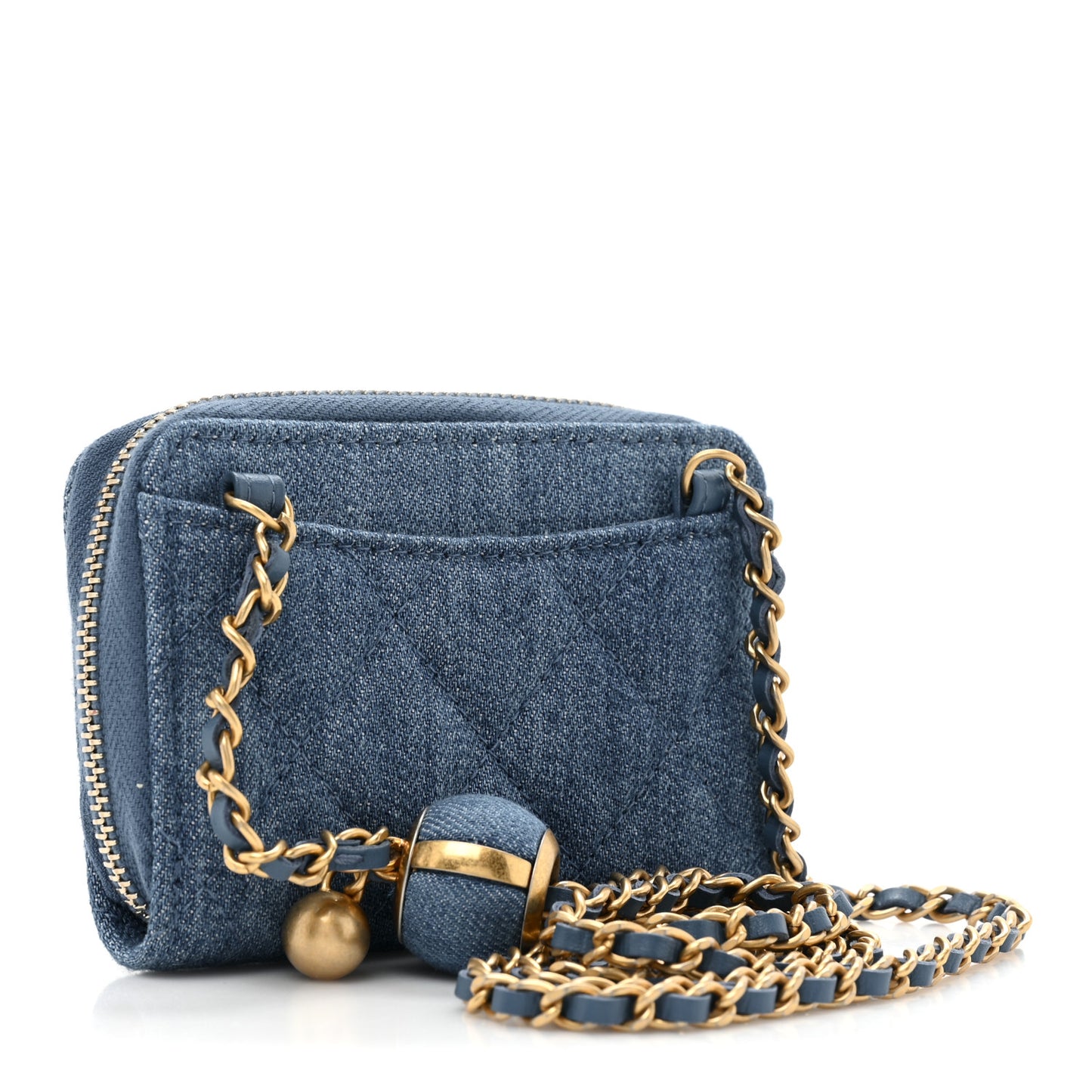 Denim Quilted CC Pearl Crush Zip Card Holder On Chain Blue