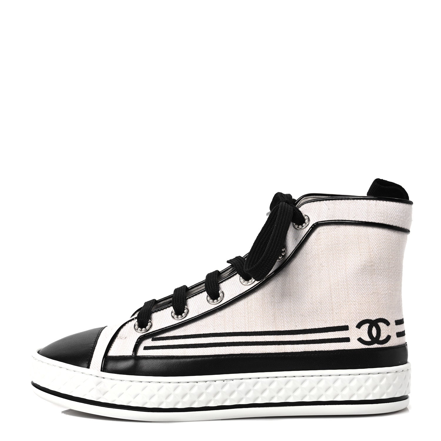 Chanel Fabric Lambskin Lace Up Cap Toe Sneakers 37 White Black 1 of 6