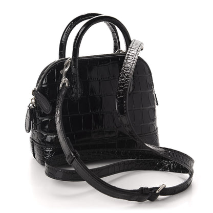 Balenciaga Shiny Calfskin Logo Crocodile Embossed XXS Ville Top Handle Bag Black White 3 of 9