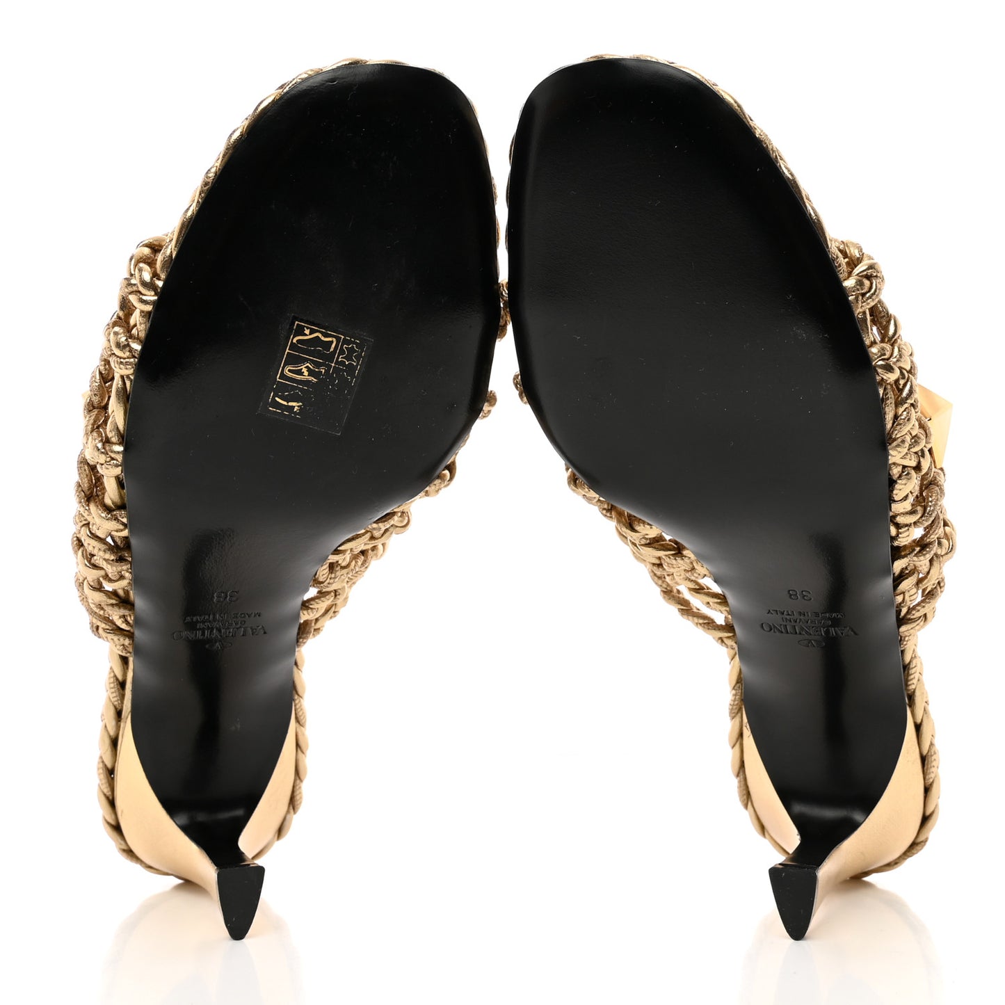 Metallic Nappa Woven Roman Stud 65mm Mule Sandals 38 Star Gold