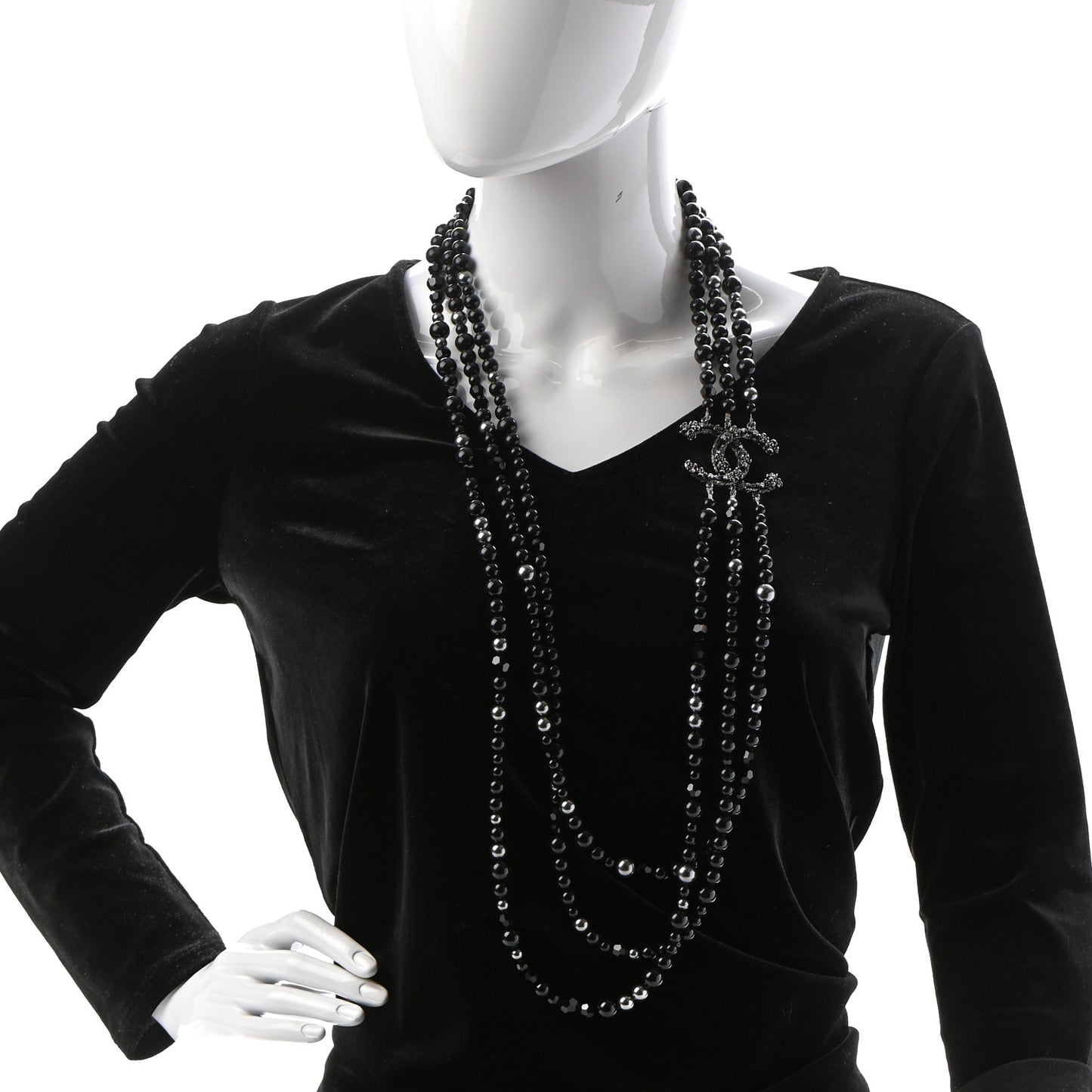 Pearl Crystal Long CC Necklace Black Black Grey