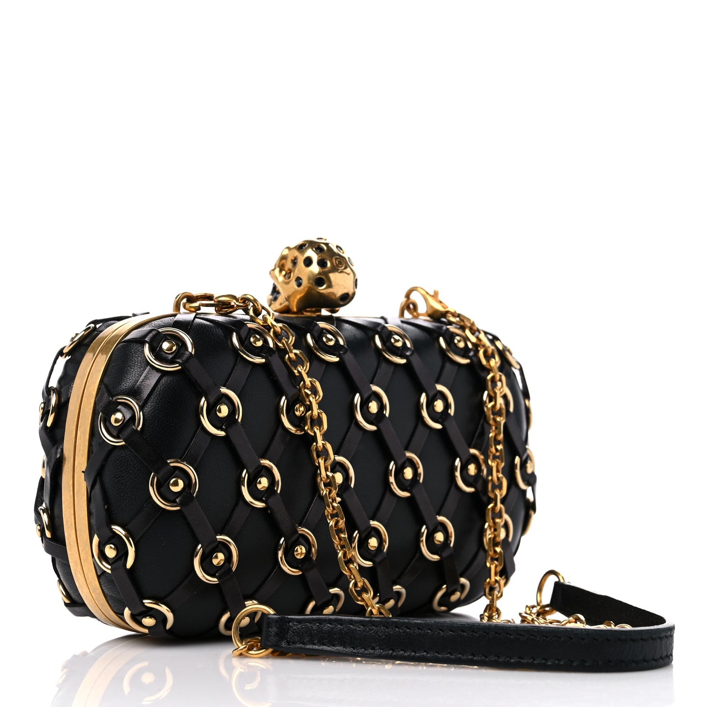 Calfskin Studded Skull Box Clutch Black