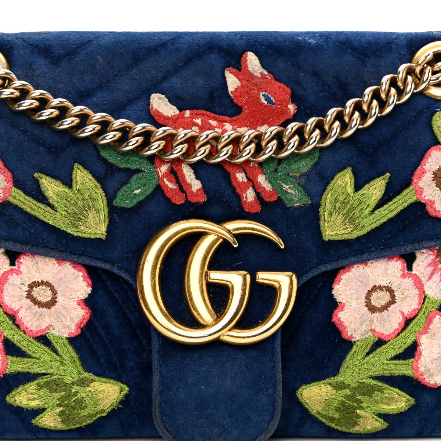 Velvet Matelasse Deer Embroidered Small GG Marmont Shoulder Bag Cobalt