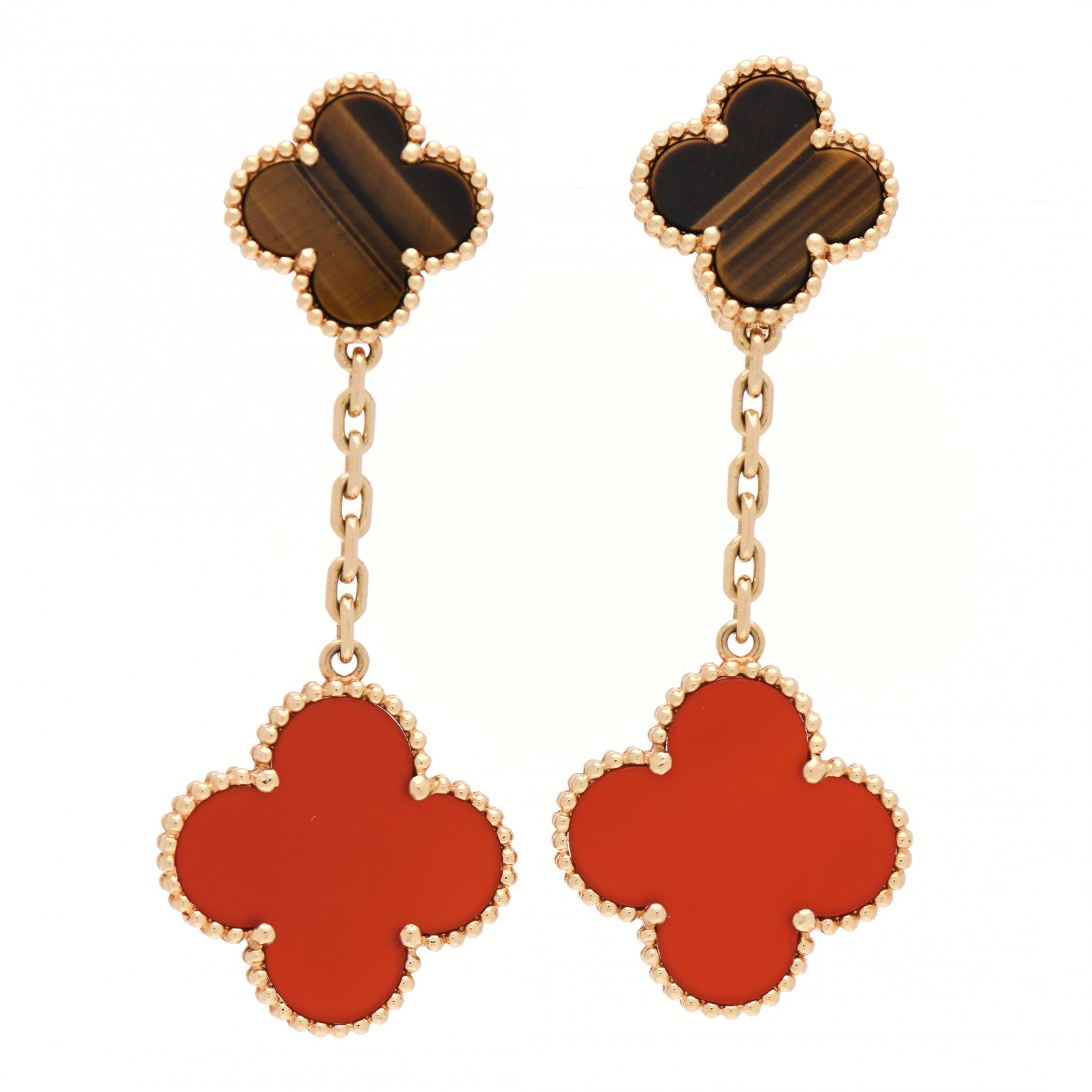 Van Cleef & Arpels 18K Yellow Gold Tiger Eye Carnelian 2 Motifs Magic Alhambra Earrings 1 of 5