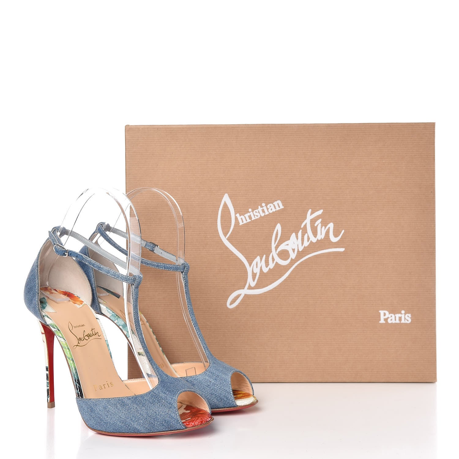 Christian Louboutin Denim Crackled Calfskin Hawaii Print Senora 100 Sandals 35.5 Blue White 10 of 10