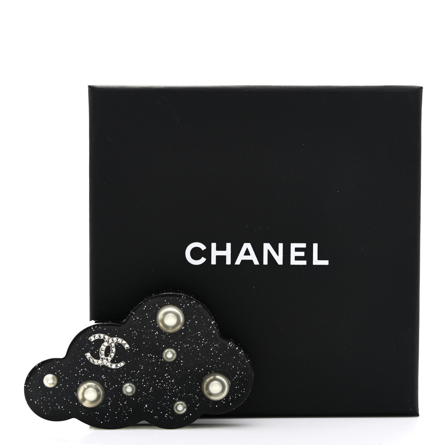 Chanel Glittered Resin Crystal Pearl CC Cloud Brooch Black Silver 4 of 4