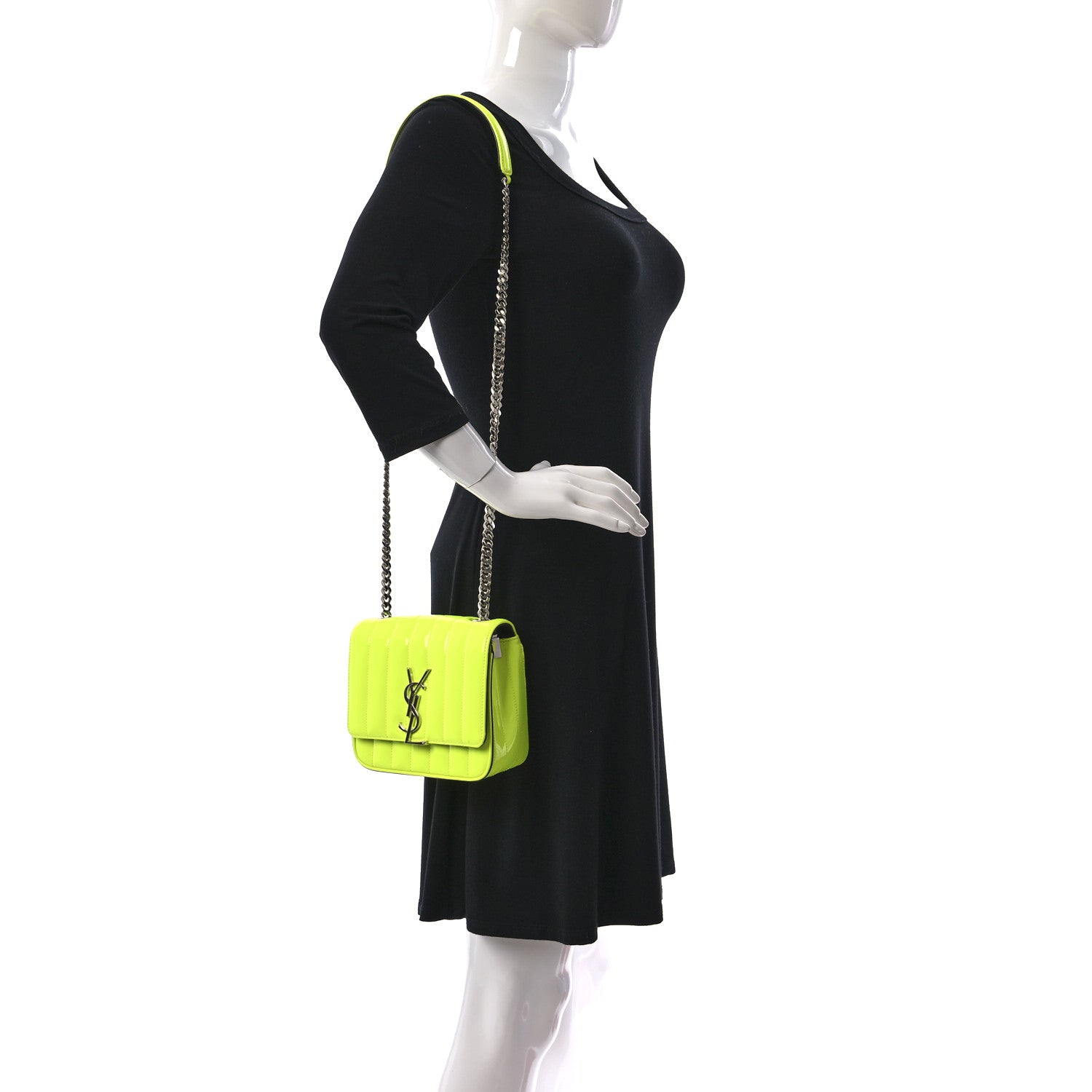 Saint Laurent Patent Matelasse Monogram Small Vicky Chain Bag Neon Yellow 2 of 10
