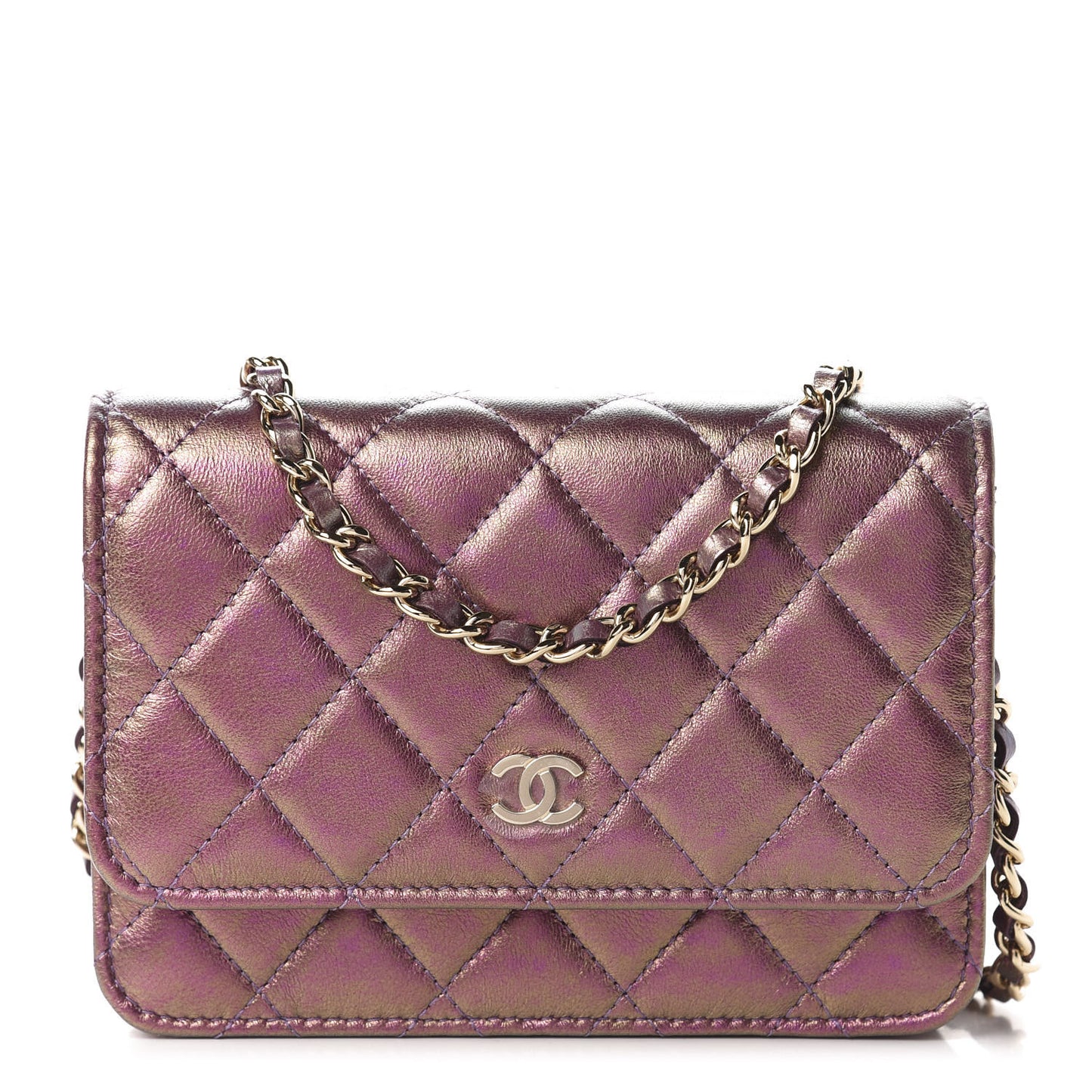 Iridescent Lambskin Quilted Mini Wallet On Chain WOC Purple