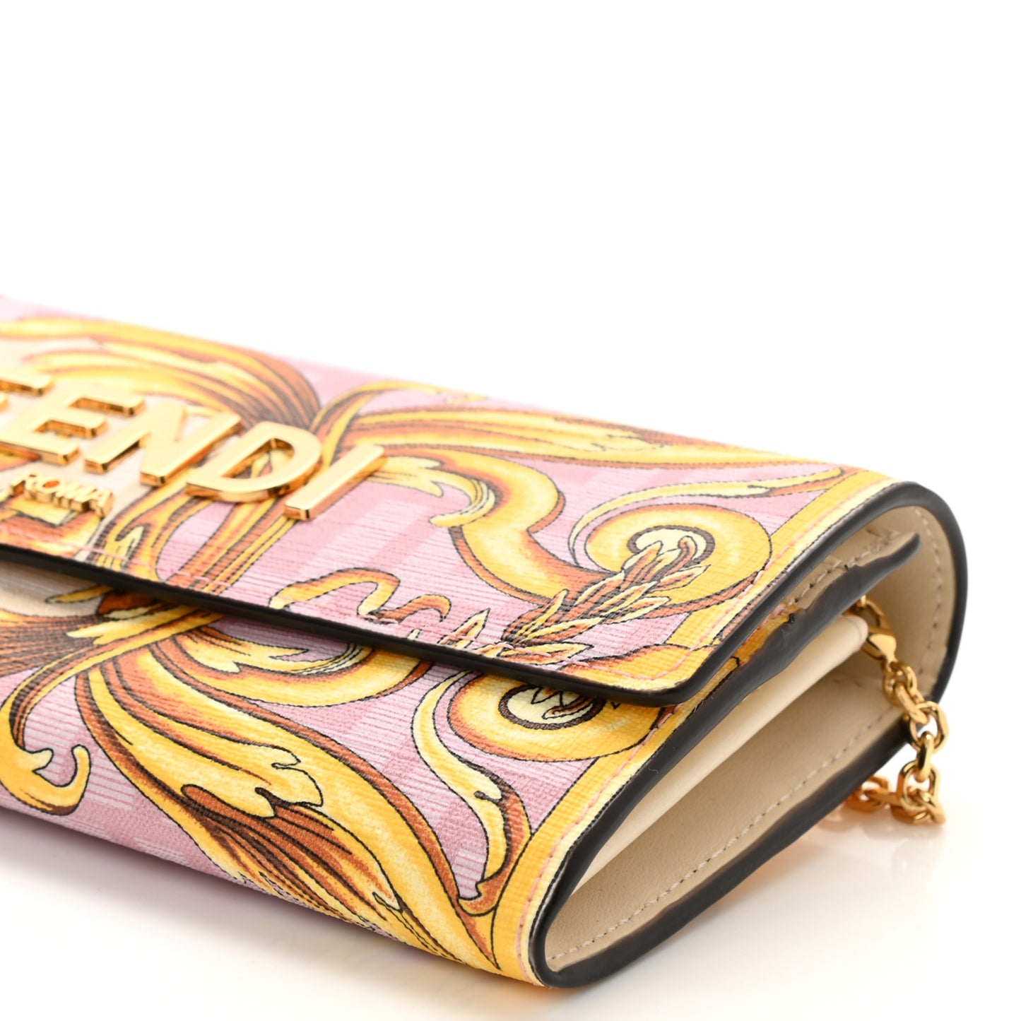 X VERSACE Glazed Fabric Fendace FF Baroque Continental Wallet On Chain Gold White Rosa