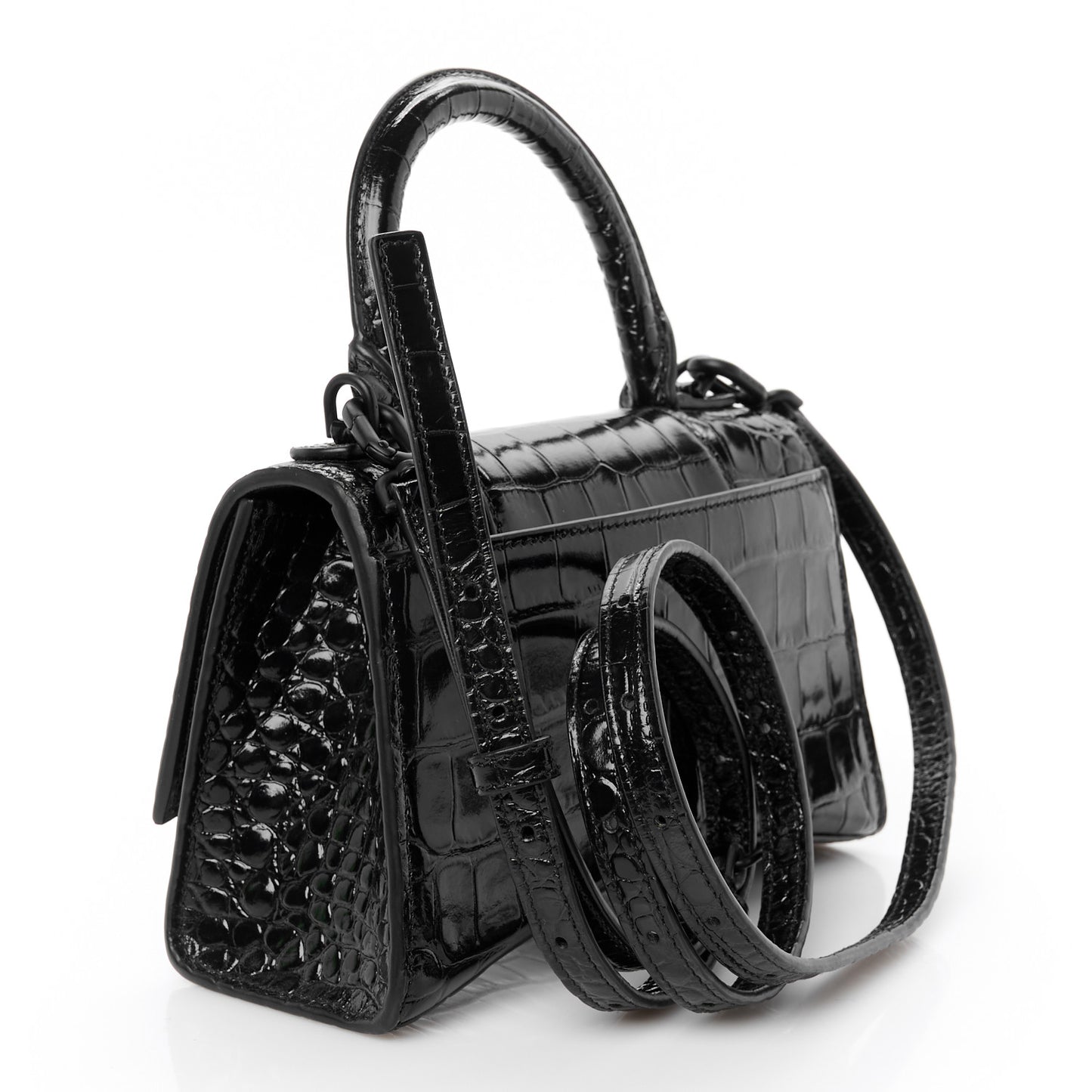 Shiny Calfskin Strass Monochrome Crocodile Embossed Hourglass Top Handle Bag XS Black