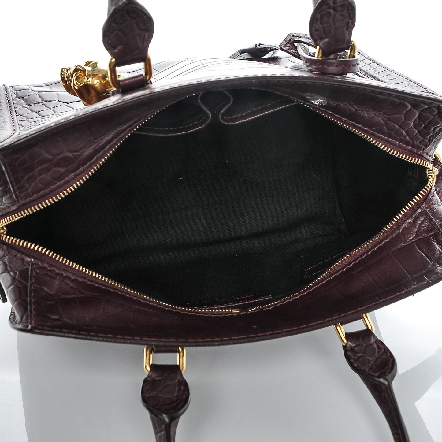 Calfskin Crocodile Embossed Small Skull Padlock Zip Around Tote Bordeaux