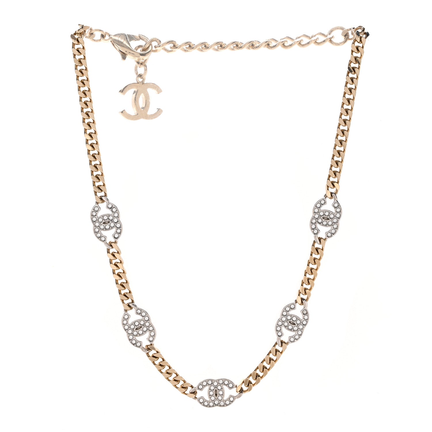 Chanel Crystal Chain CC Link Choker Gold Silver 3 of 4