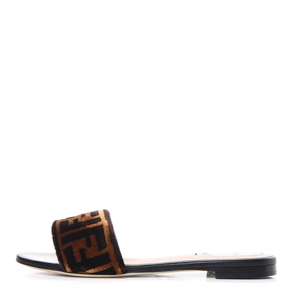 Fendi Velvet FF Flat Slide Sandals 38.5 Tobacco 1 of 10