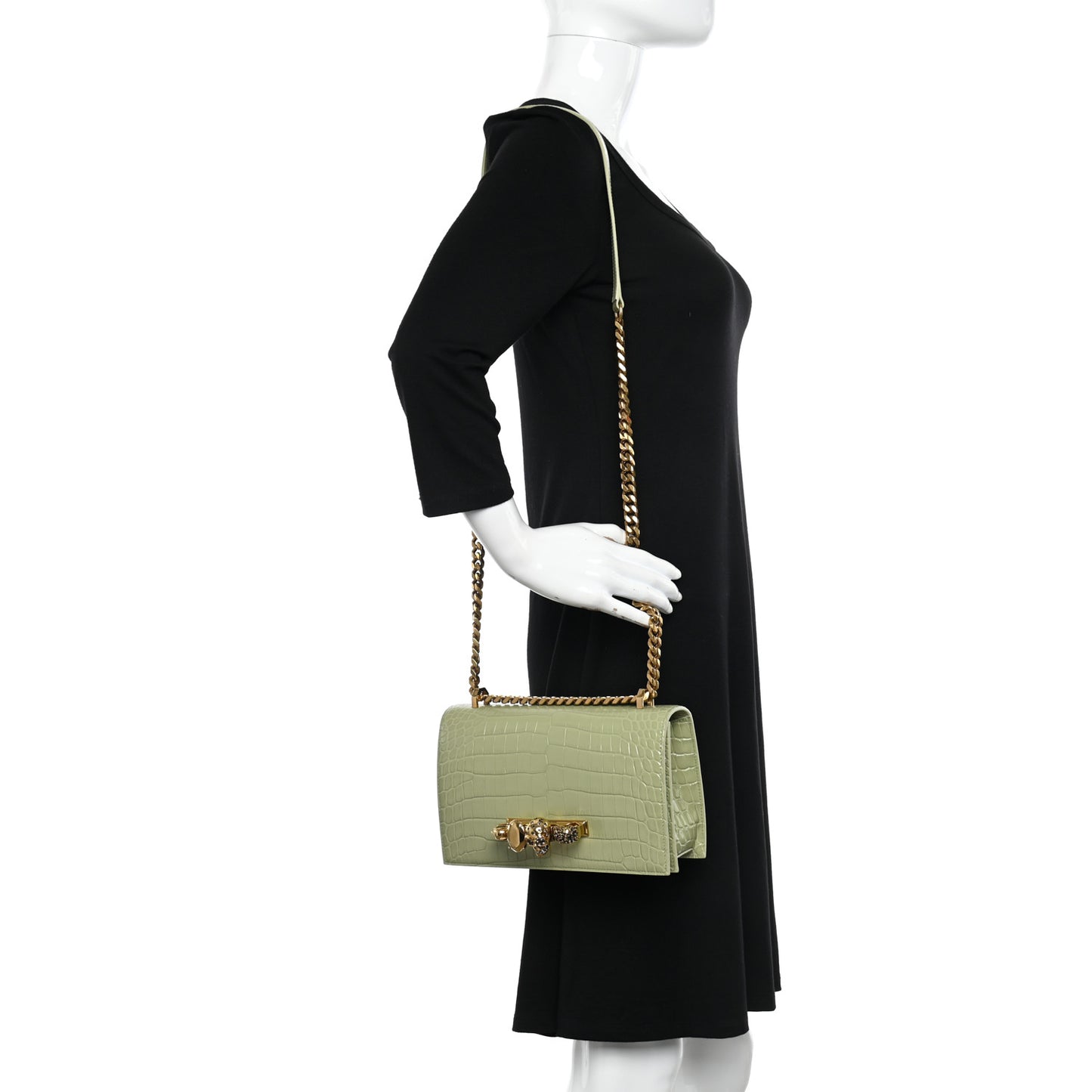 Shiny Crocodile Embossed Jeweled Satchel Sage