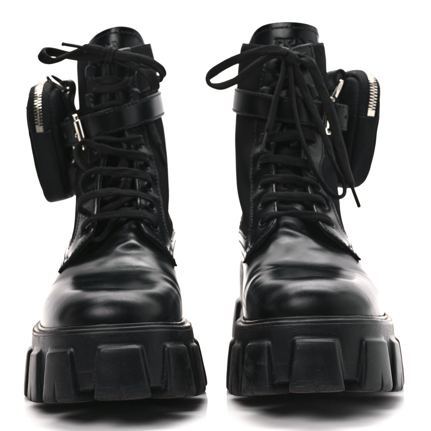 Prada Spazzolato Rois Re-Nylon Metal Triangle Logo Monolith Pouch Pocket 55mm Boots 40 Black 2 of 10