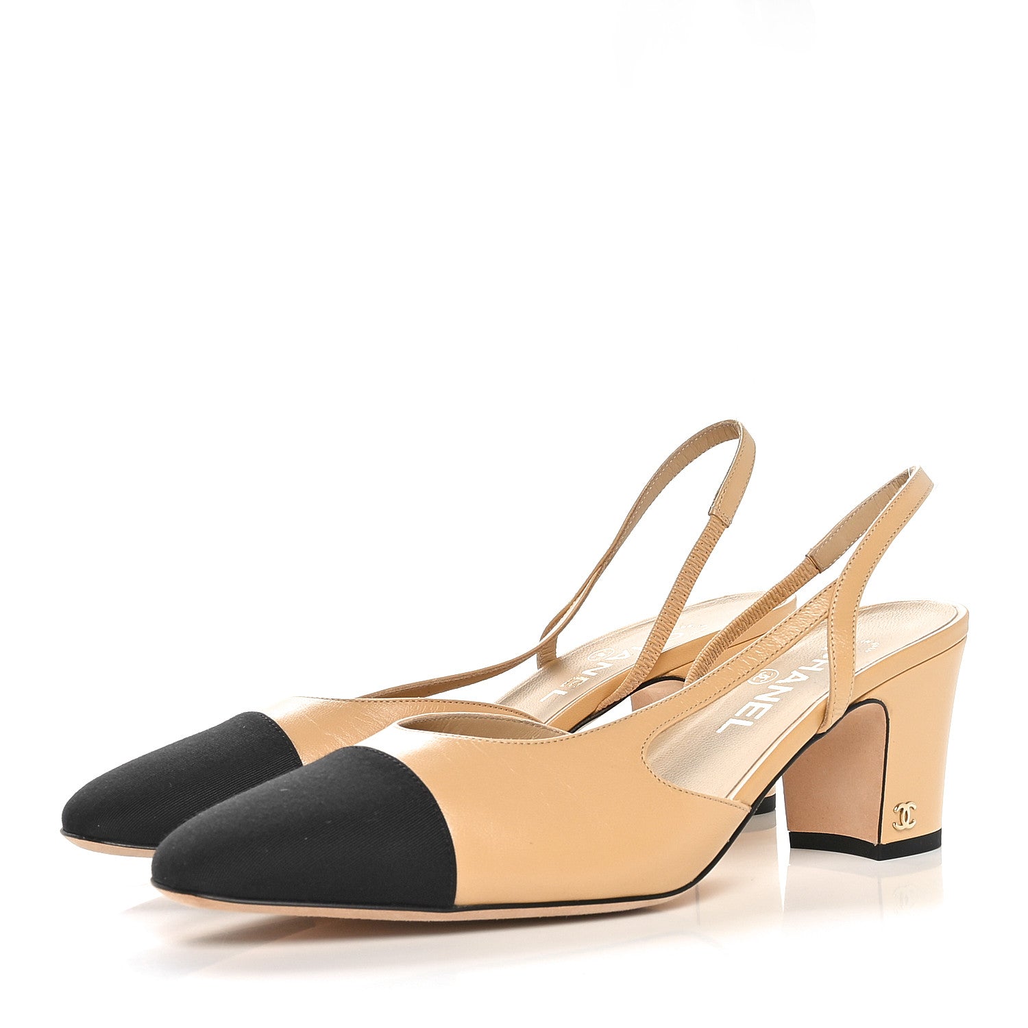 Chanel Goatskin Grosgrain Cap Toe CC Slingback Pumps 41 Beige Black 3 of 8
