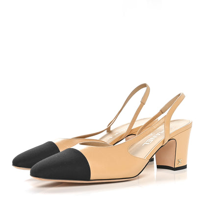 Chanel Goatskin Grosgrain Cap Toe CC Slingback Pumps 41 Beige Black 3 of 8