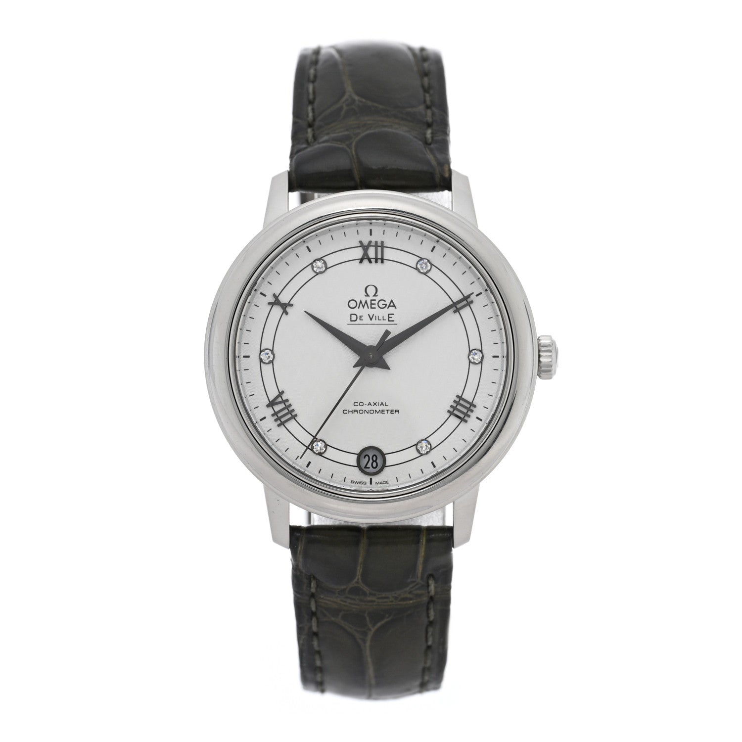 Omega Stainless Steel Alligator Diamond 32.7mm De Ville Prestige Quartz Watch White 424.13.33.20.52.002 1 of 5