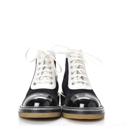 Chanel Suede Patent Calfskin Lace Up Short Boots 36.5 Black 2 of 11