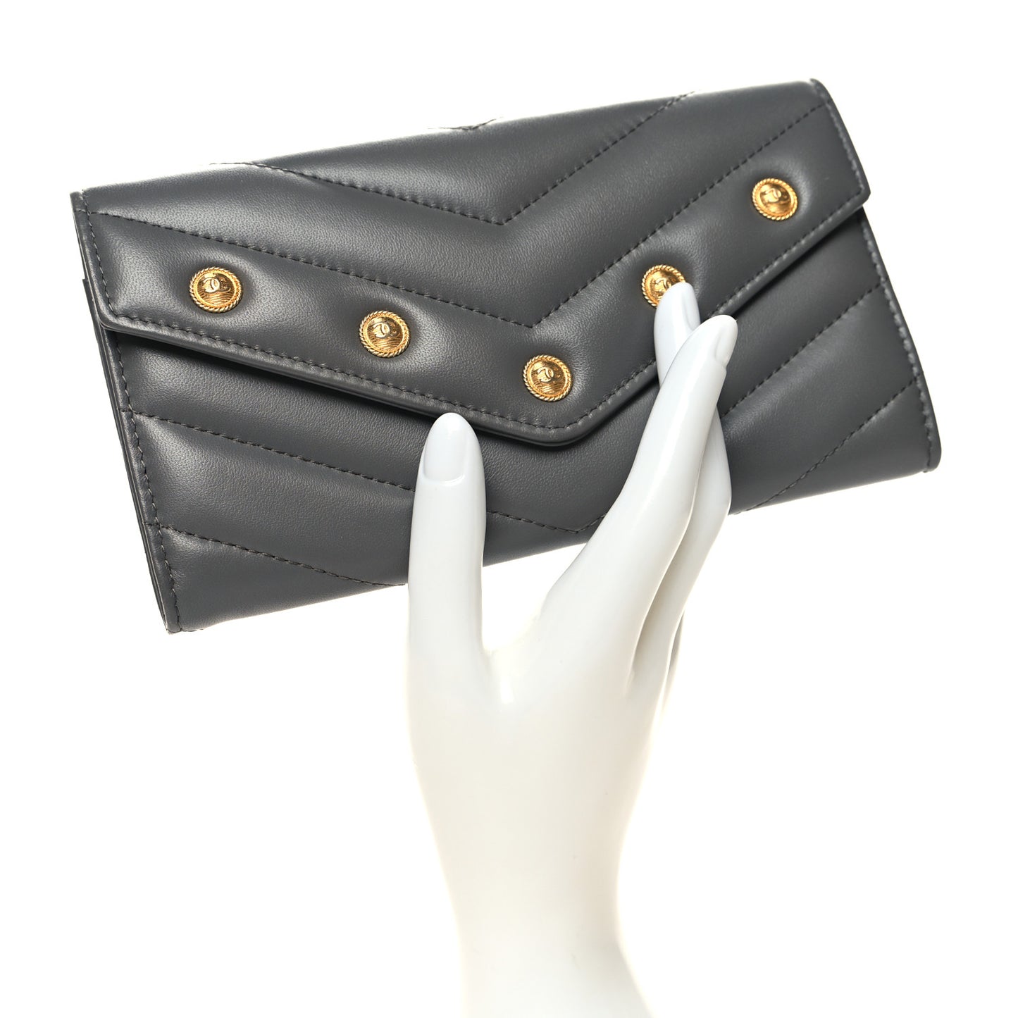 Lambskin Chevron Quilted Medallion Gusset Wallet Grey