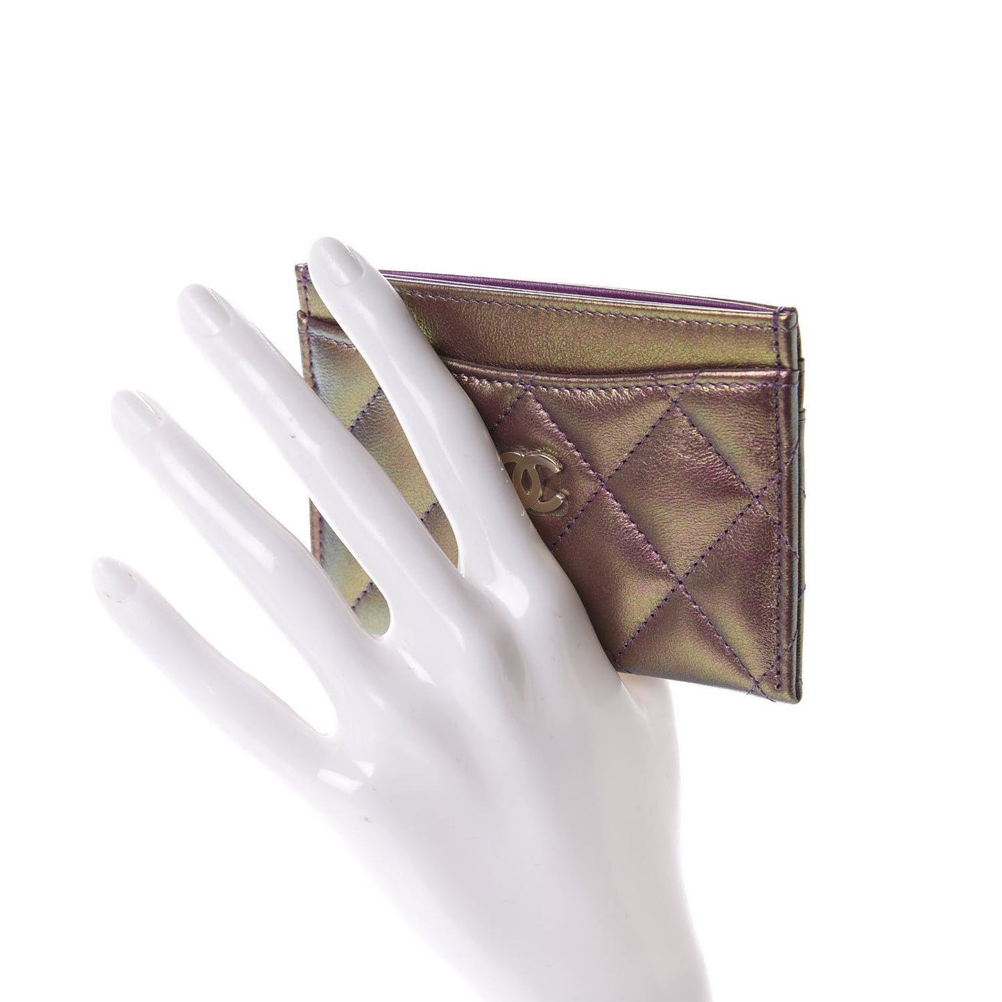 Iridescent Lambskin Quilted Card Holder Purple