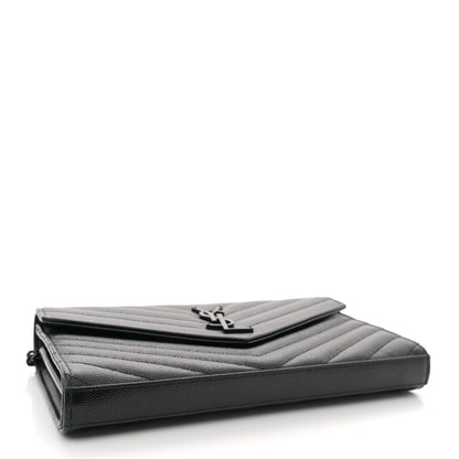 Saint Laurent Grain De Poudre Matelasse Chevron Monogram Monochrome Chain Wallet Black 4 of 11