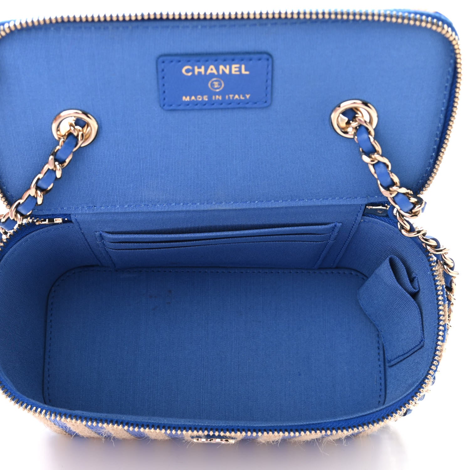 Chanel Raffia Jute Striped Small Vanity Case With Chain Blue Beige 5 of 10